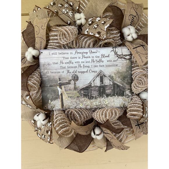 Farmhouse Religious Wreath – Neutral Amazing Grace Old Rugged Cross Decor - Picture 2 of 5